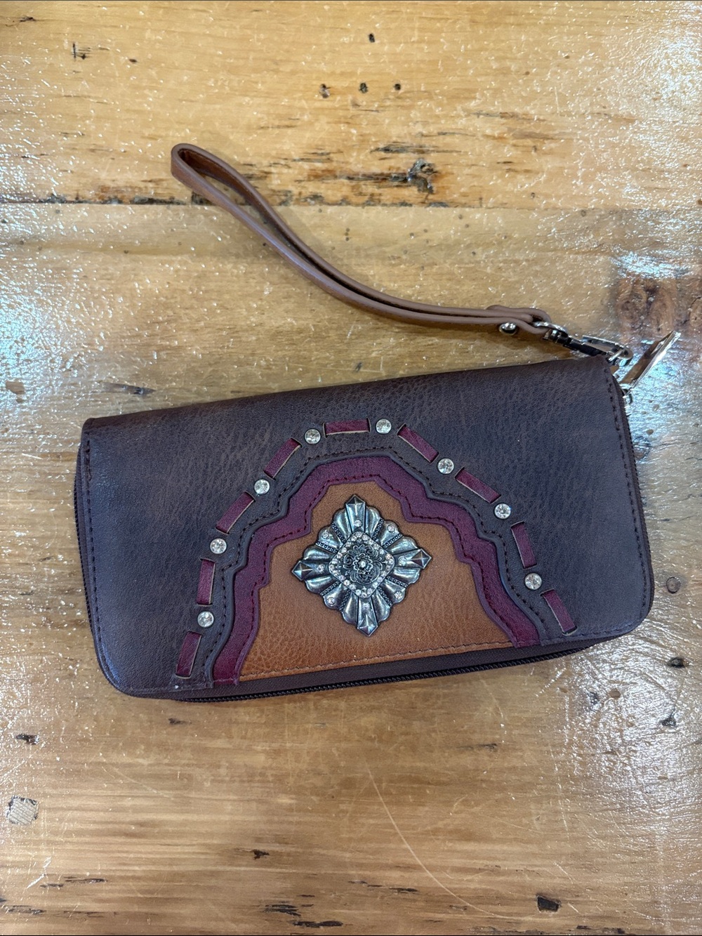 Brown and Burgundy Women's Wristlet Wallet - Leather Accent